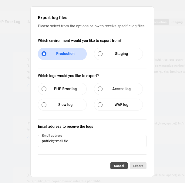 Hosting log download options