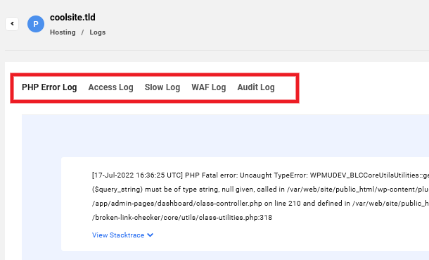 Types of hosting logs available in the Hub
