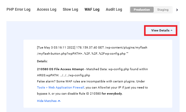 WPMU DEV WAF log details