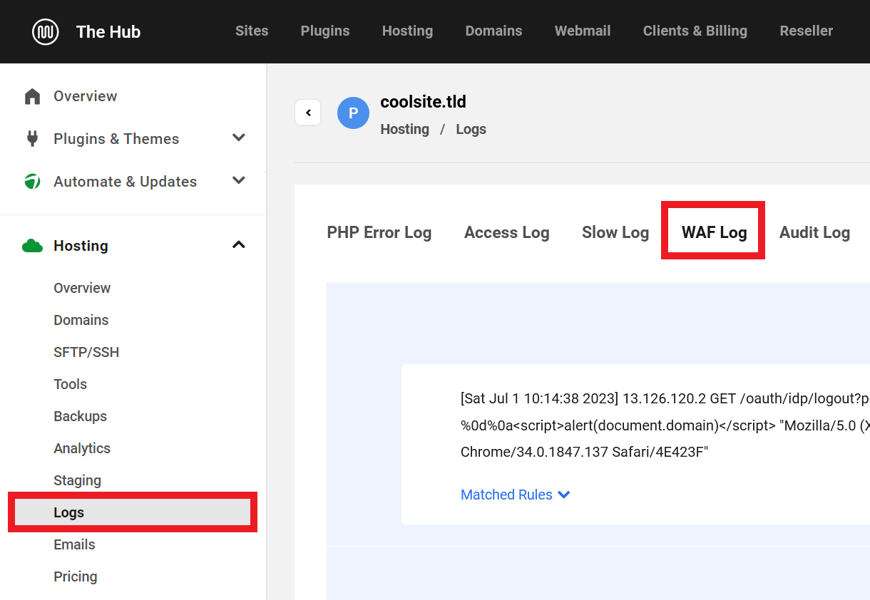 Location of WAF logs for a hosted site
