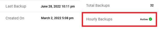 Hourly backups active in hosting overview