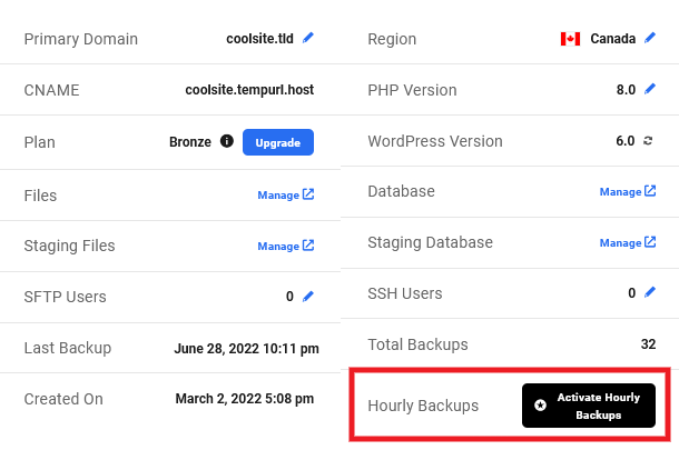 Hourly backups option in hosting overview