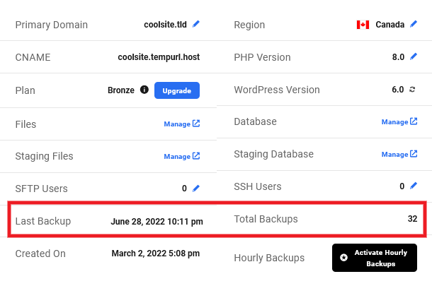 Backups information in hosting overview