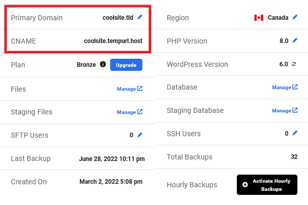 Domains information in Hosting overview