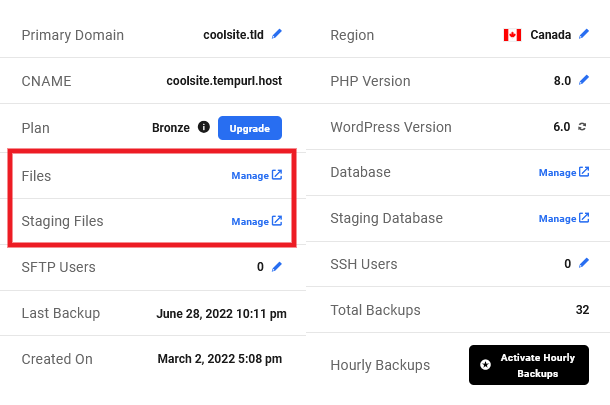 Links to the File Manager for a hosted site