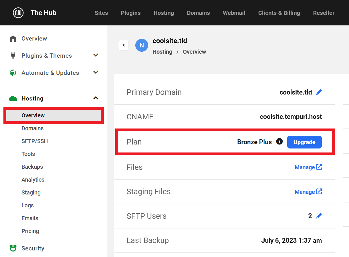 Upgrade hosting plan in the Hub