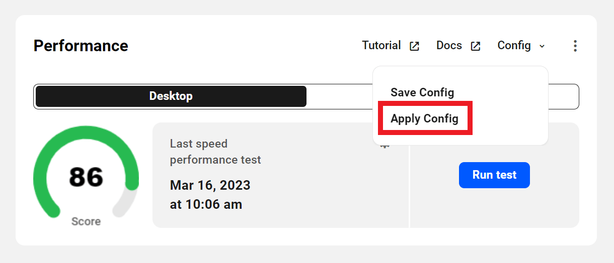 Allows the user to apply saved performance optimization settings for a site