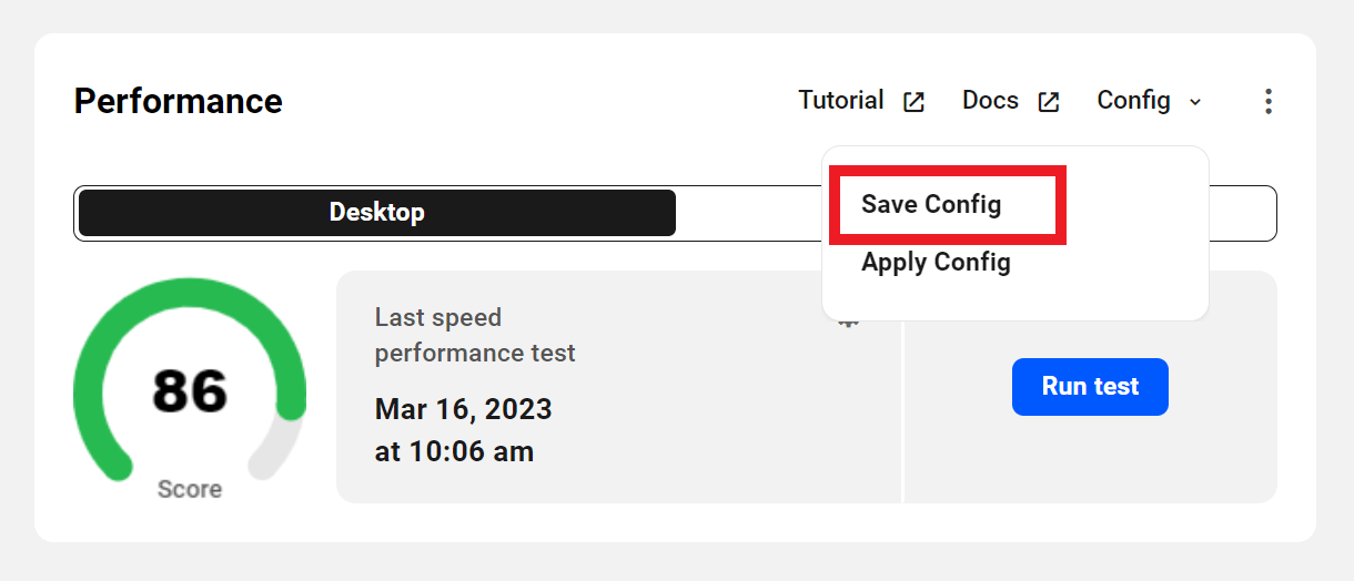 Allows the user to save the current performance optimization settings for a site