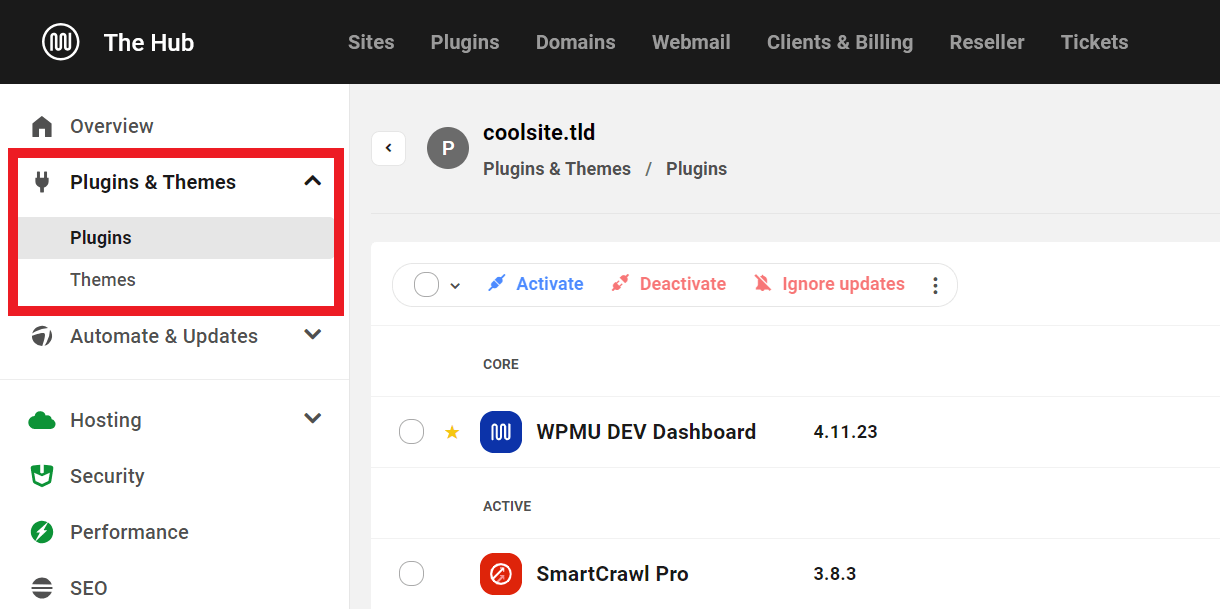 Site plugins and themes management in the Hub