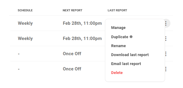 Hub report management options