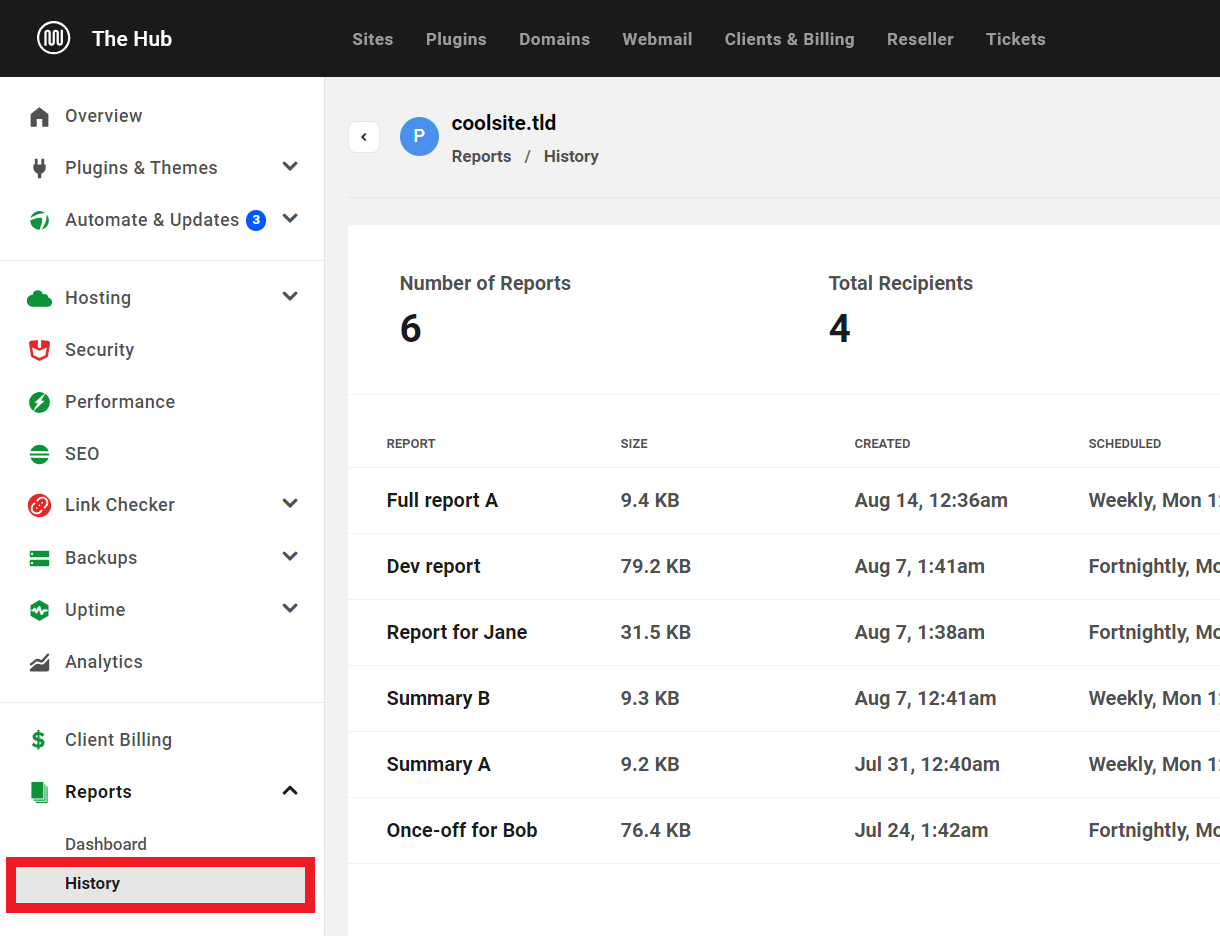View a log of reports previously generated for a site