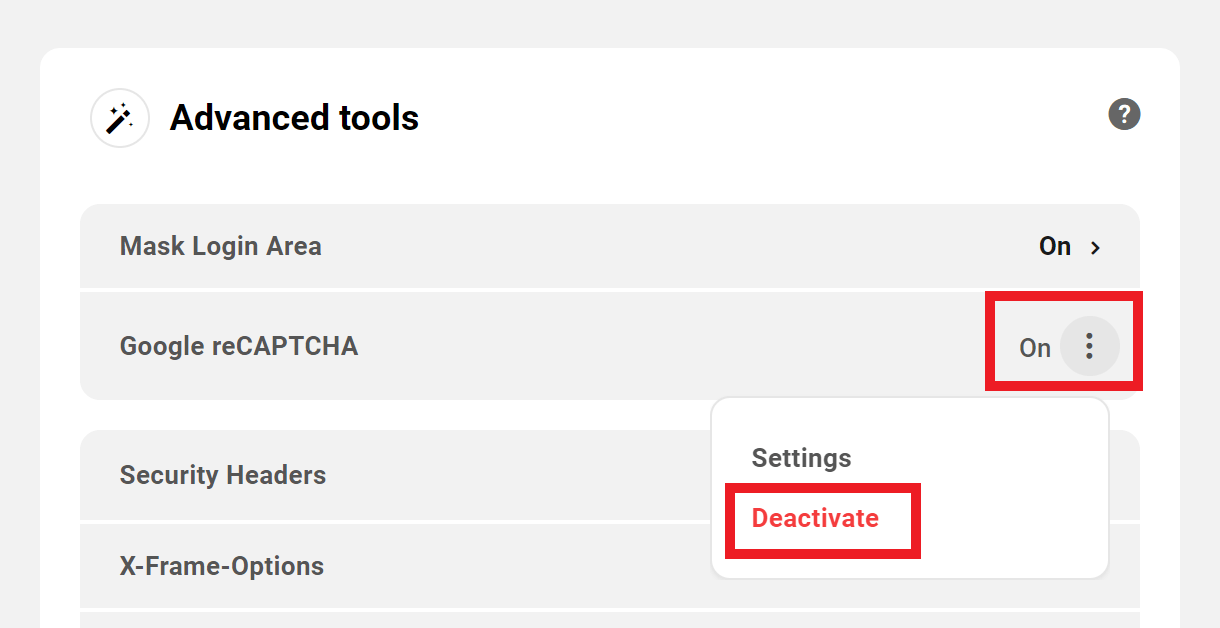 Allows the user to deactivate Google reCAPTCHA on a site.
