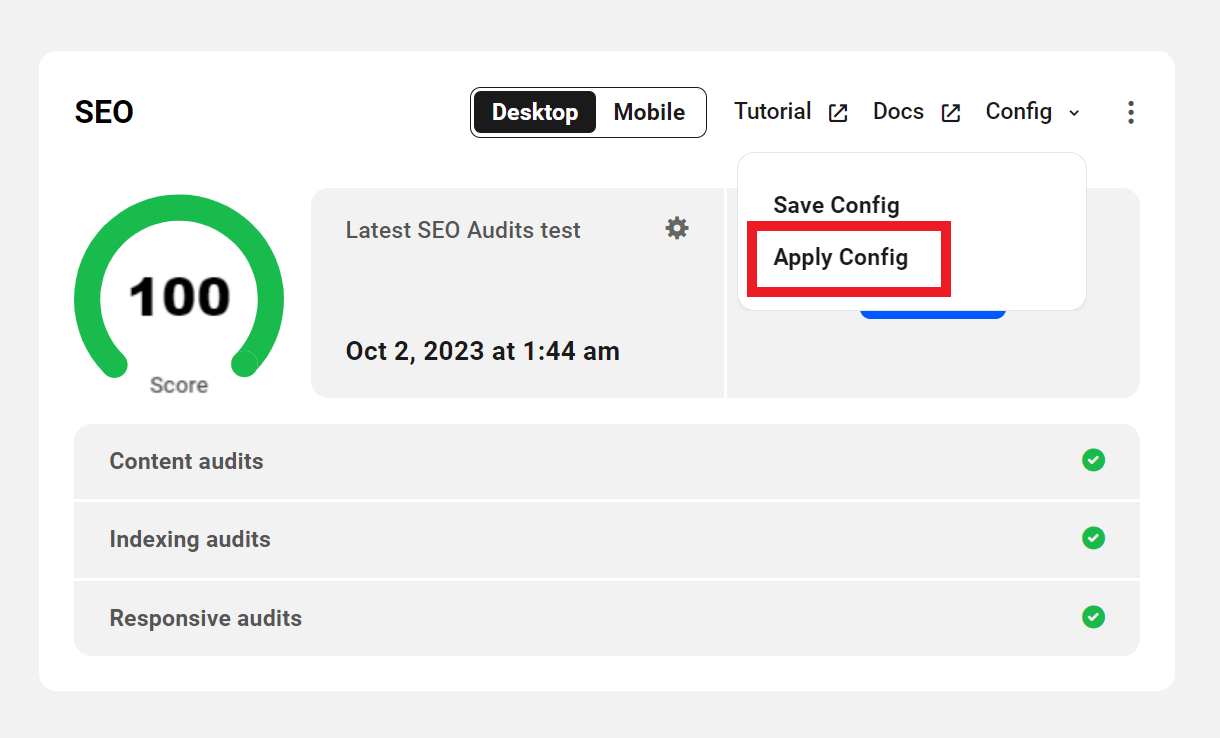 Allows the user to apply saved SEO settings to a site