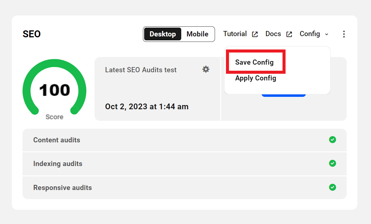 Allows the user to save the current SEO settings for a site