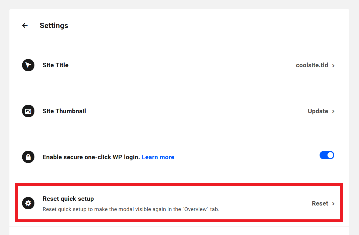 Enable a site's Quick Setup in The Hub
