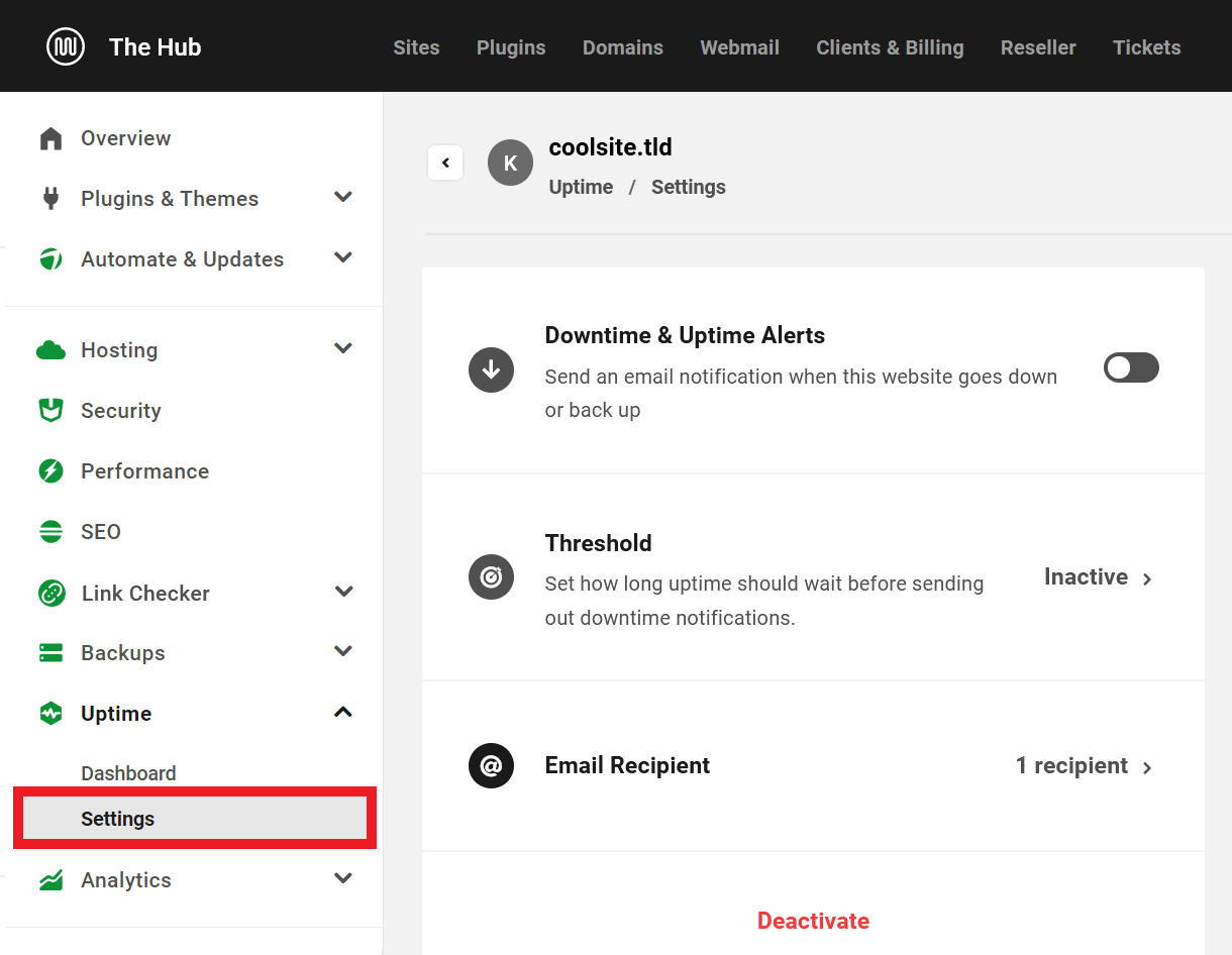 Uptime settings in the Hub