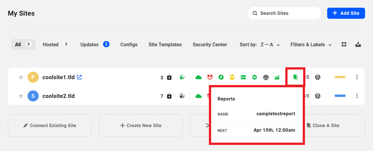 Reports enabled for a site in The Hub