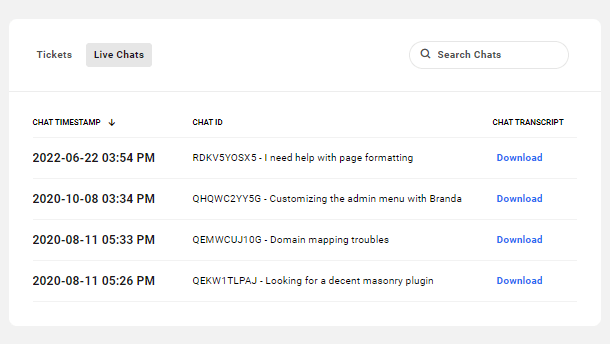Live chats archive in the Hub