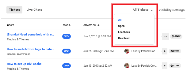 WPMU DEV Tickets filters