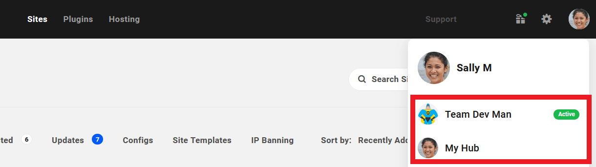 Team account switcher in the Hub
