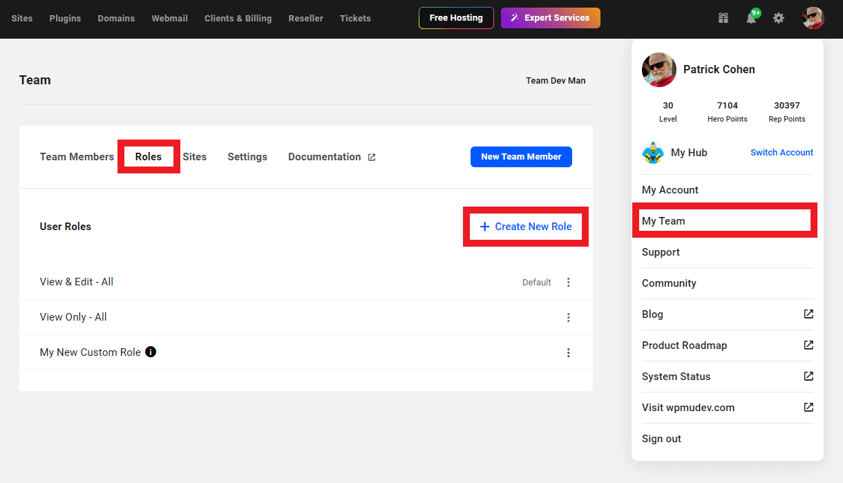 Create a new team role in the Hub