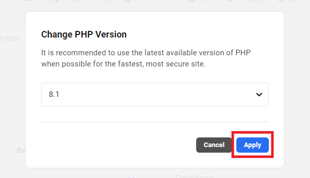 Choose new PHP version from menu