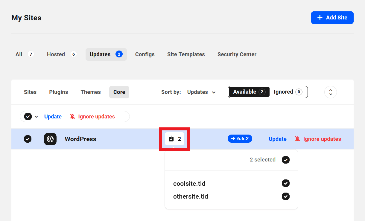 Update WordPress core on selected sites in the Hub