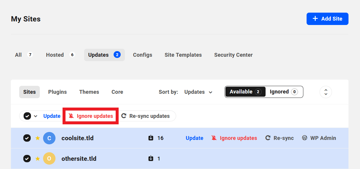 Ignore updates in the Hub