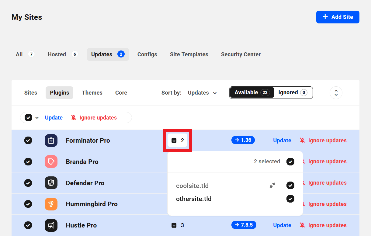Select sites to update per plugin in the Hub