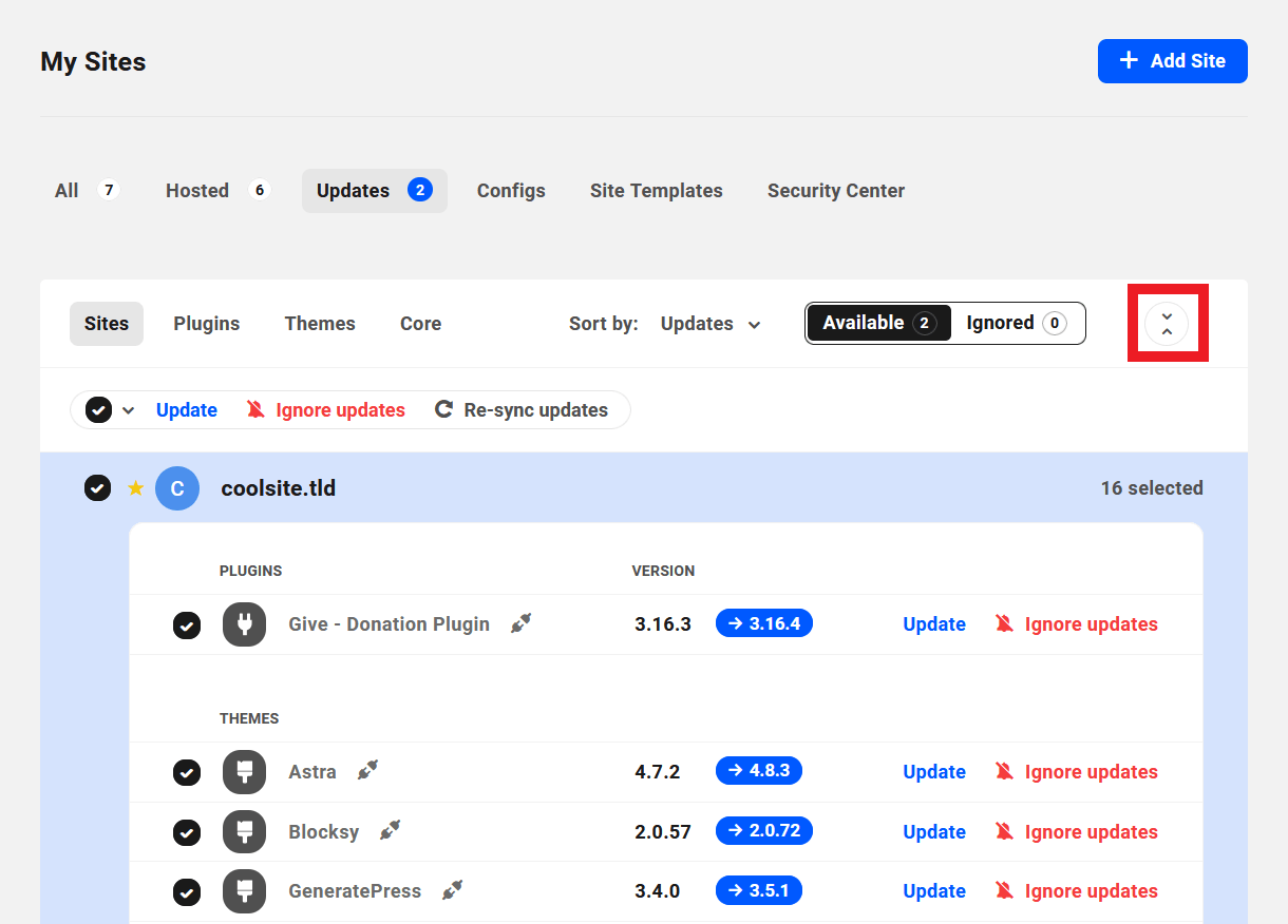 Expand or collapse all sites in Hub updates