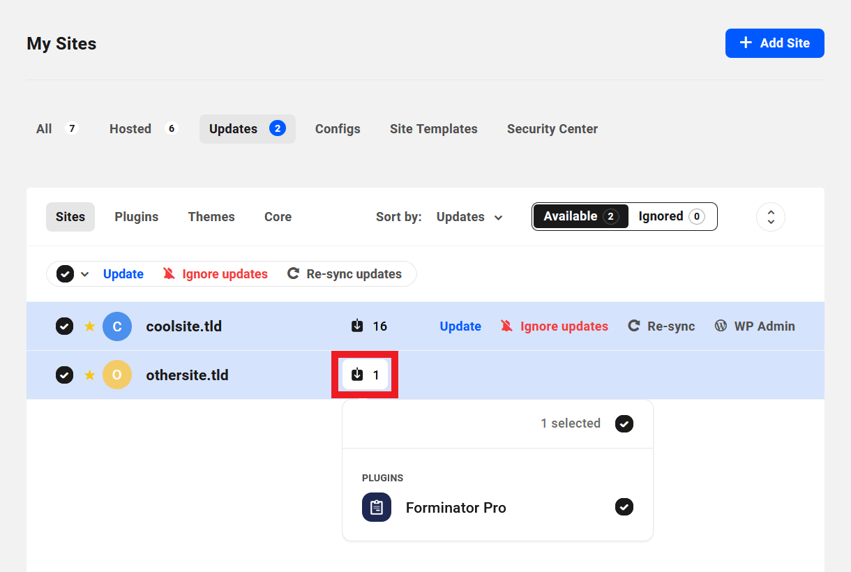 Select plugins to update per site in the Hub