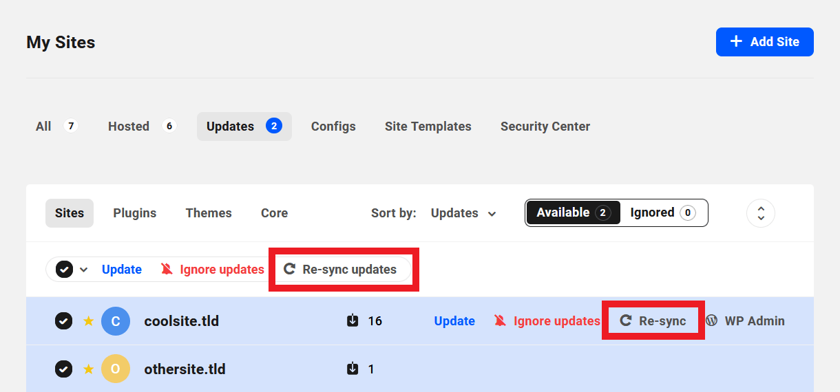 Re-sync updates for a specific site or all sites