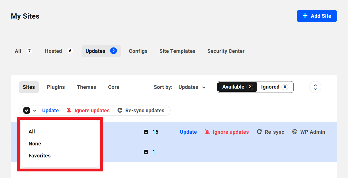 Bulk select sites to update in The Hub