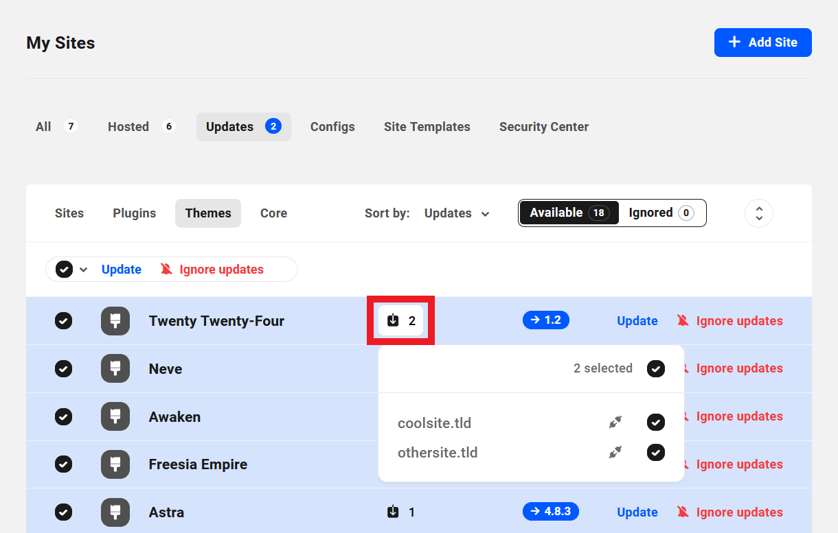 Select themes to update per site in the Hub
