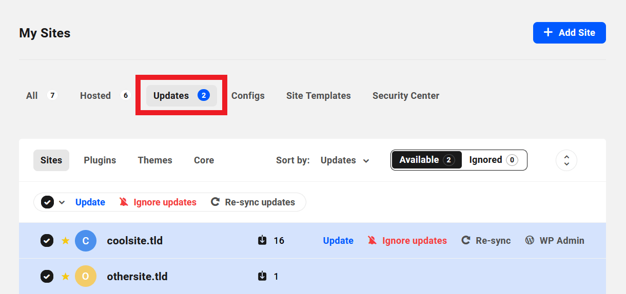 Updates section in The Hub