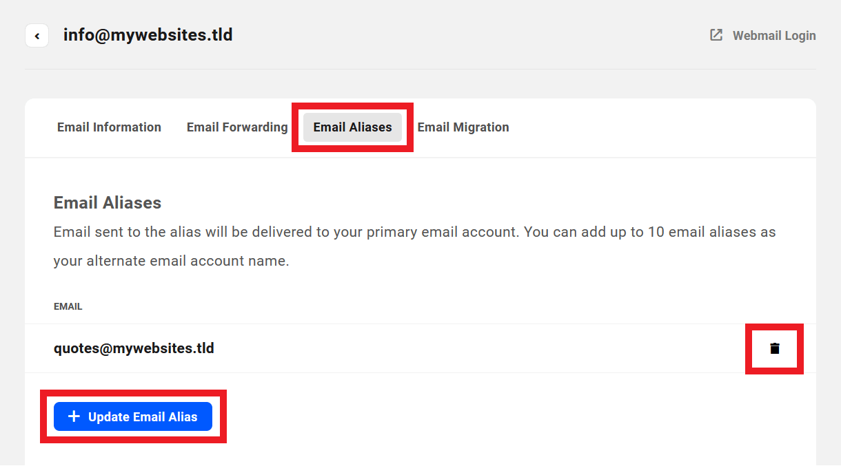 Update alias addresses from a webmail account
