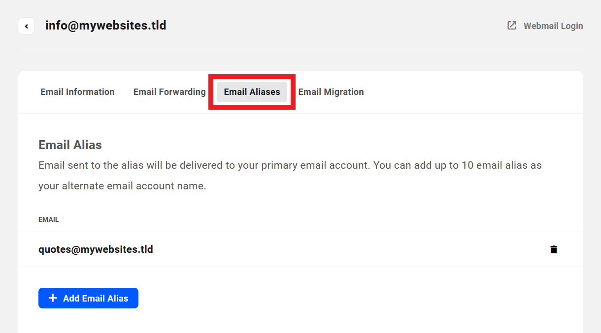 Allows the user to access the Email Alias tab of domain email accounts