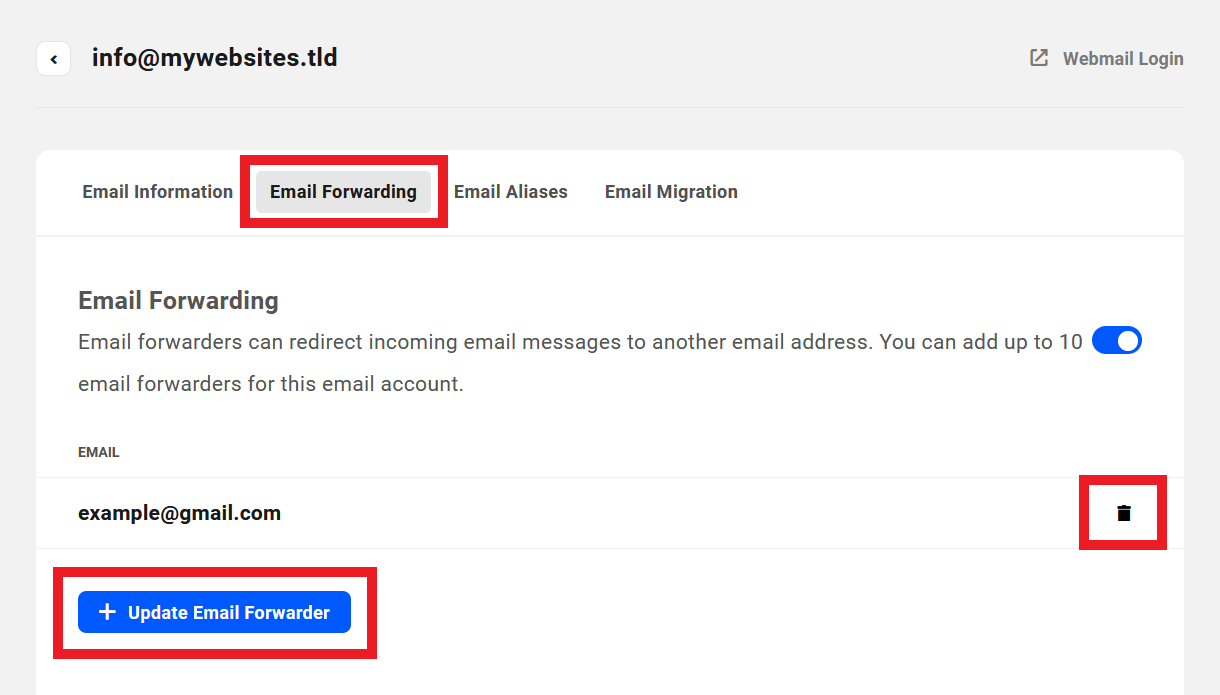 Update forwarding addresses of a webmail account