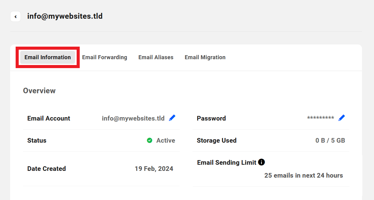Client view of email account info in the Hub