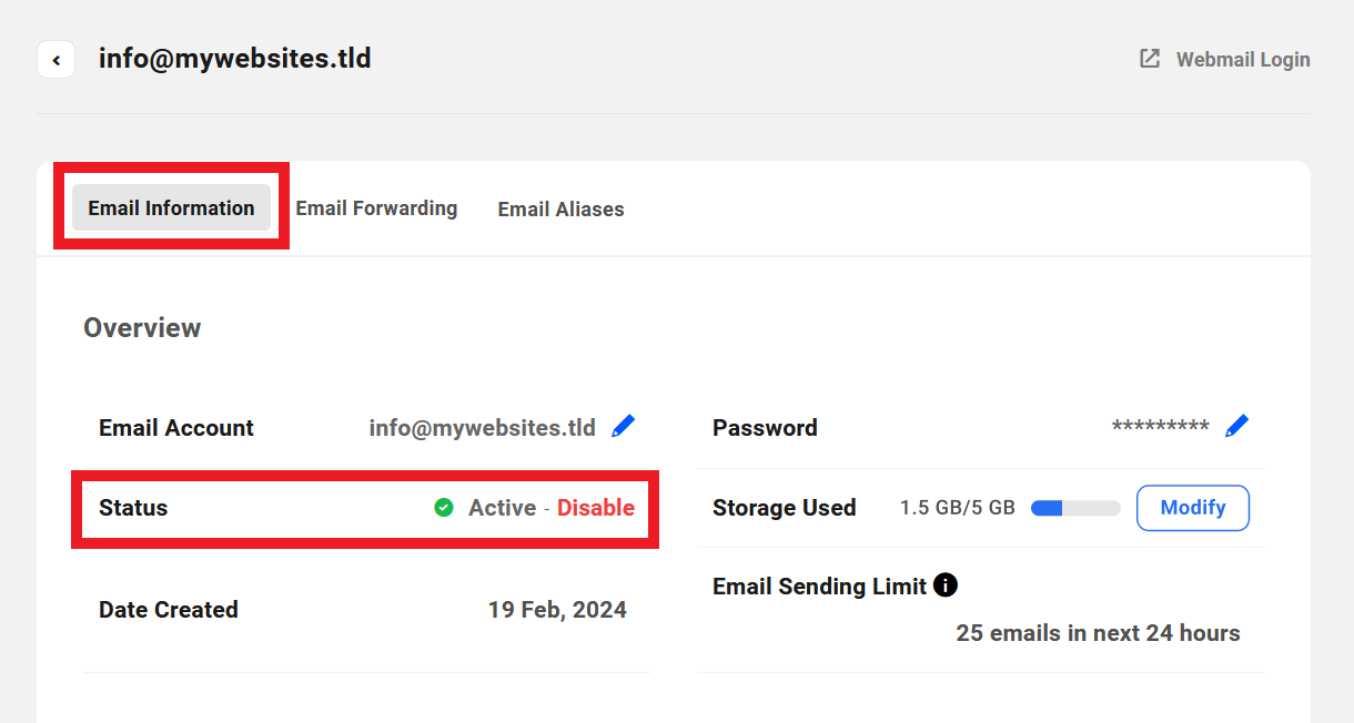 Allows the team member to enable and disable domain email accounts