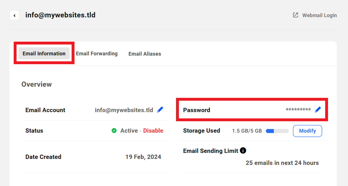 Allows the user to change the password of domain email accounts