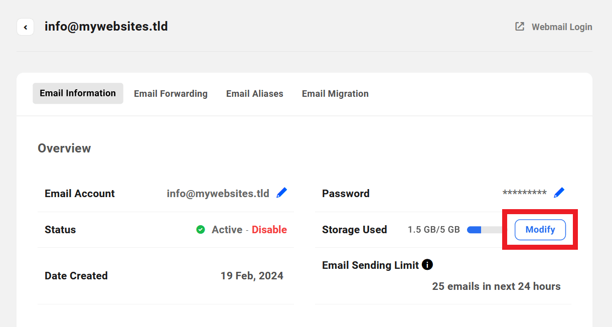 Modify the storage plan for a webmail account
