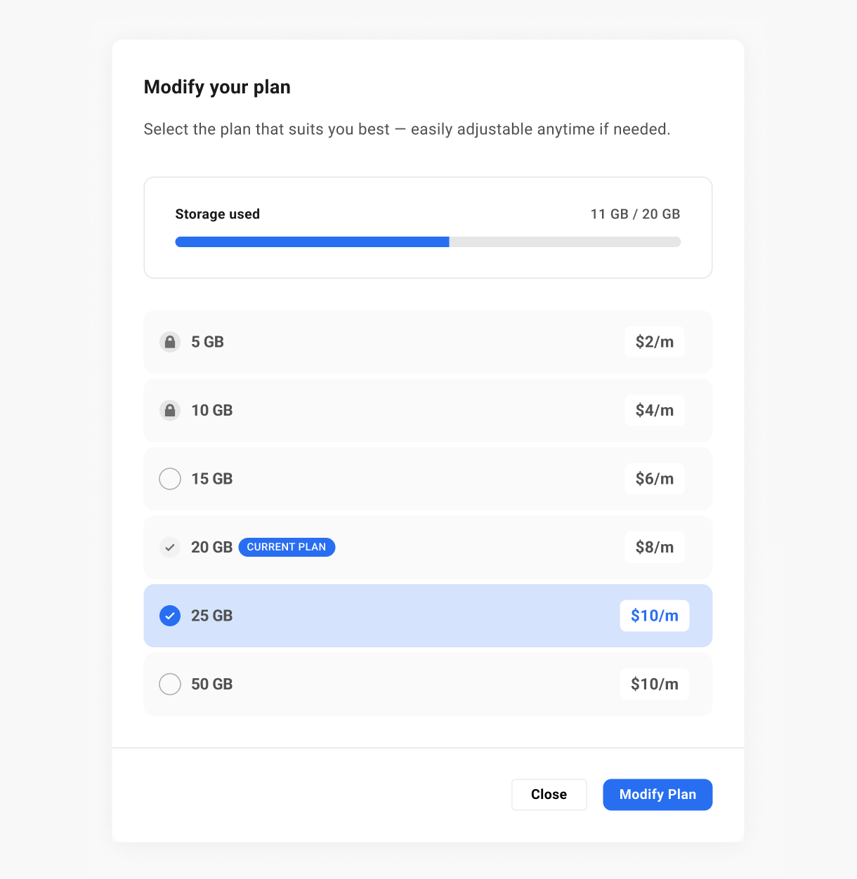 Webmail storage plans available for upgrade or downgrade