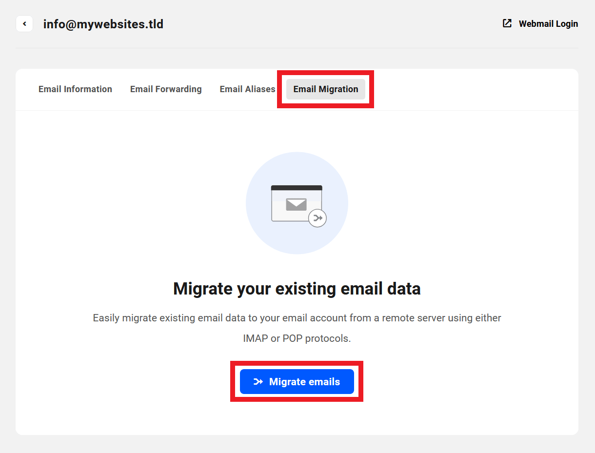 Migrate email data to Webmail