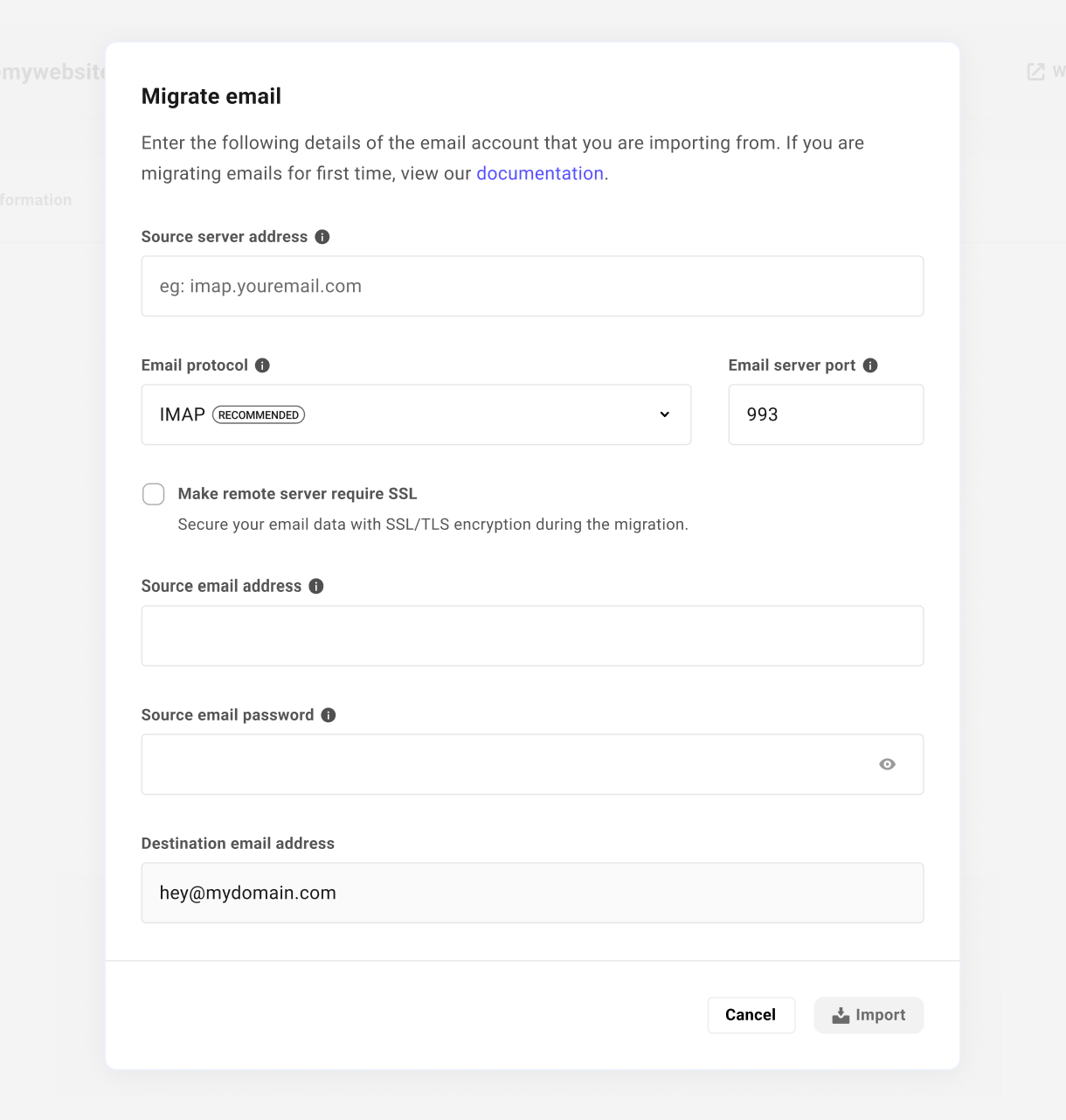 Add required information to migrate email data to Webmail