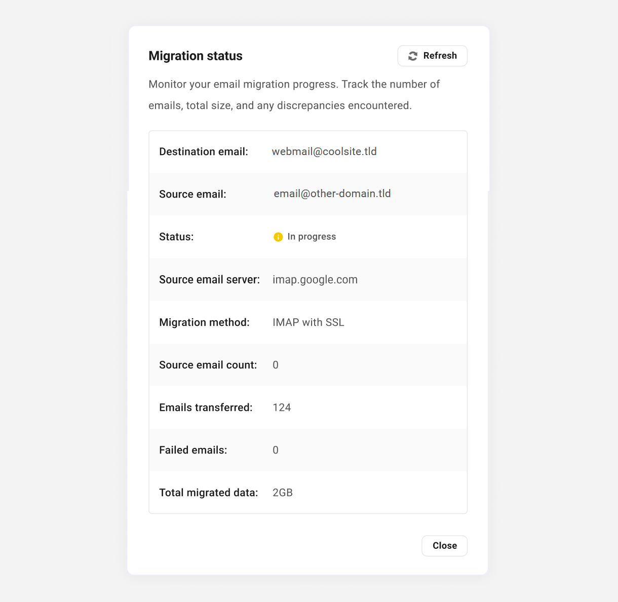 Email migration status and progress