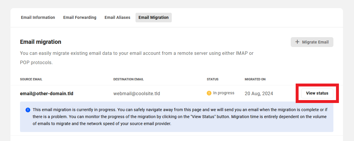 View status of email migration