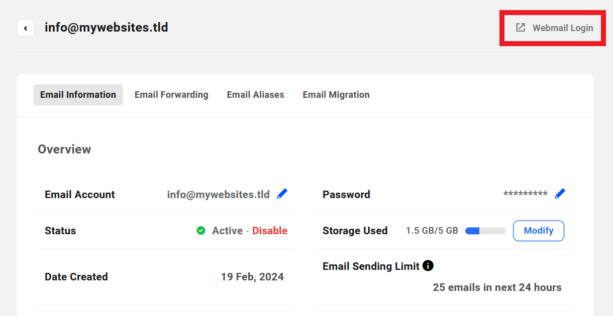 Access webmail account from the Hub
