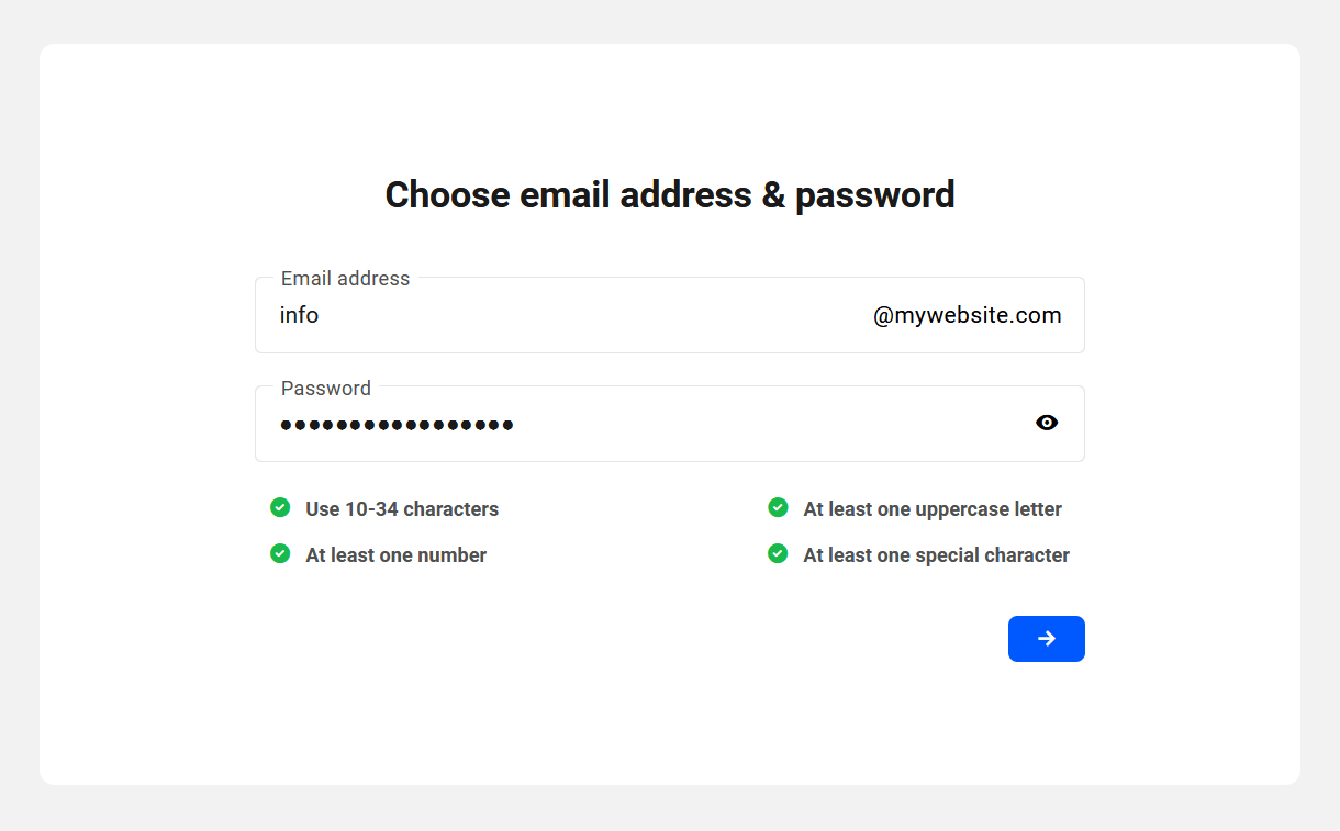Enter email address and password for a new webmail account
