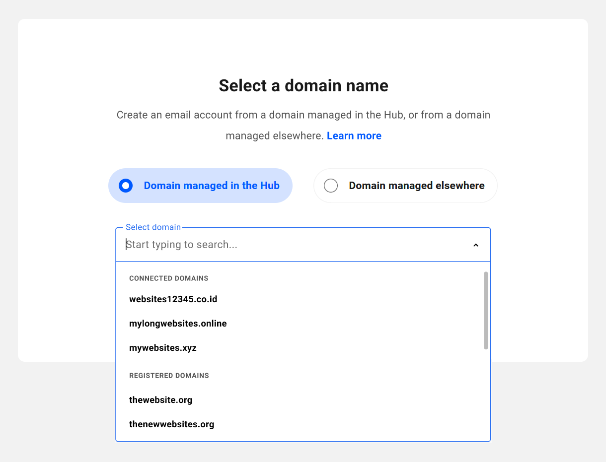 Select a webmail domain managed in the Hub